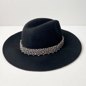 Juicy Couture Wool Floppy Fedora Hat Black Rhinestone Beaded Western Cowgirl